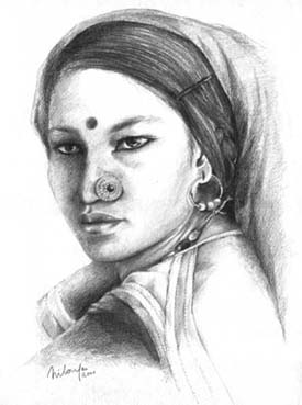 Rana tharu tribal - pencil drawing